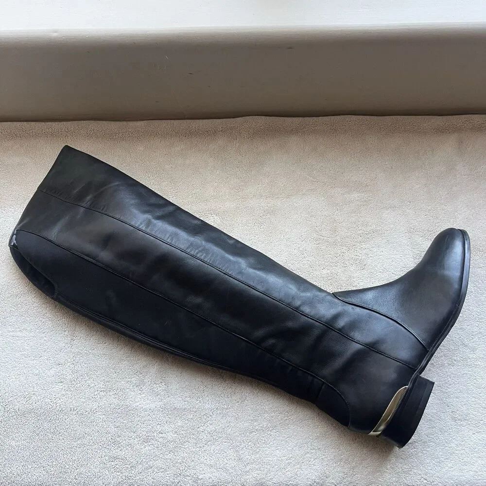 Ann Taylor Cody Black Leather Knee High Riding Boots Women 7 M Classic Side Zip‎